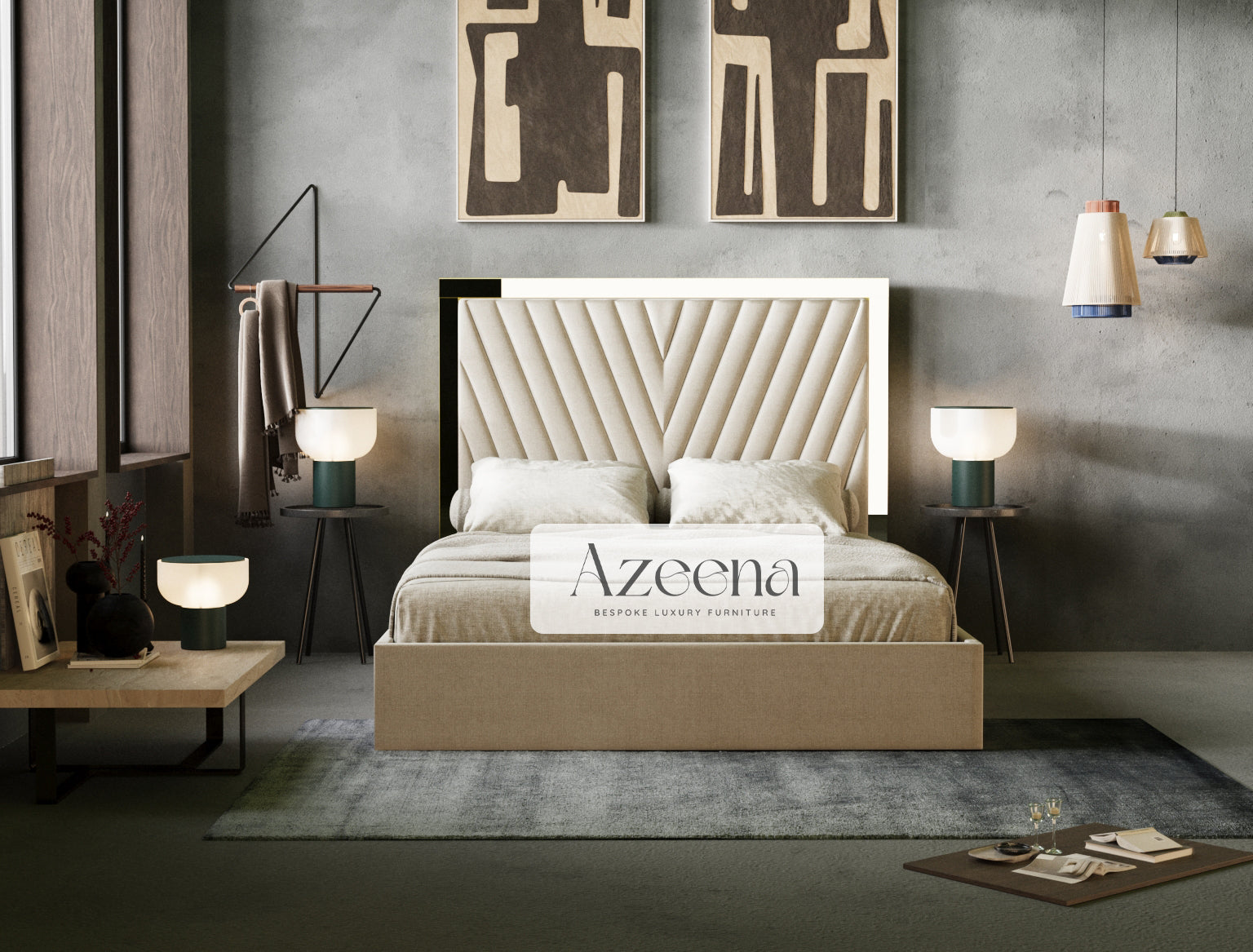 Jude Mirror Horizon Stripe Line Fabric Tall Upholstered Bed With Optional Storage