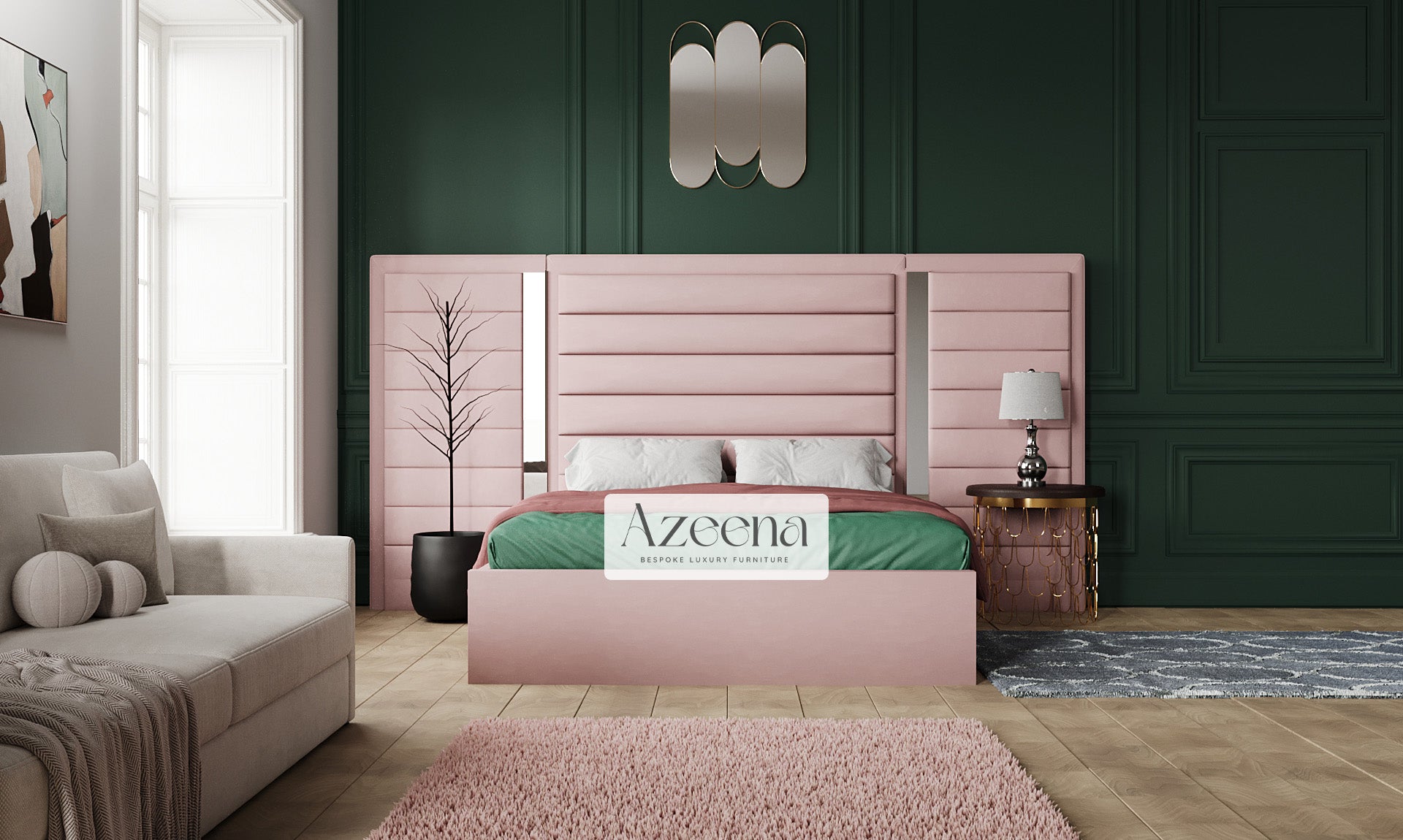 Penelope Extended Wide Headboard Stripes Lines Panel Mirror Bed With Optional Storage