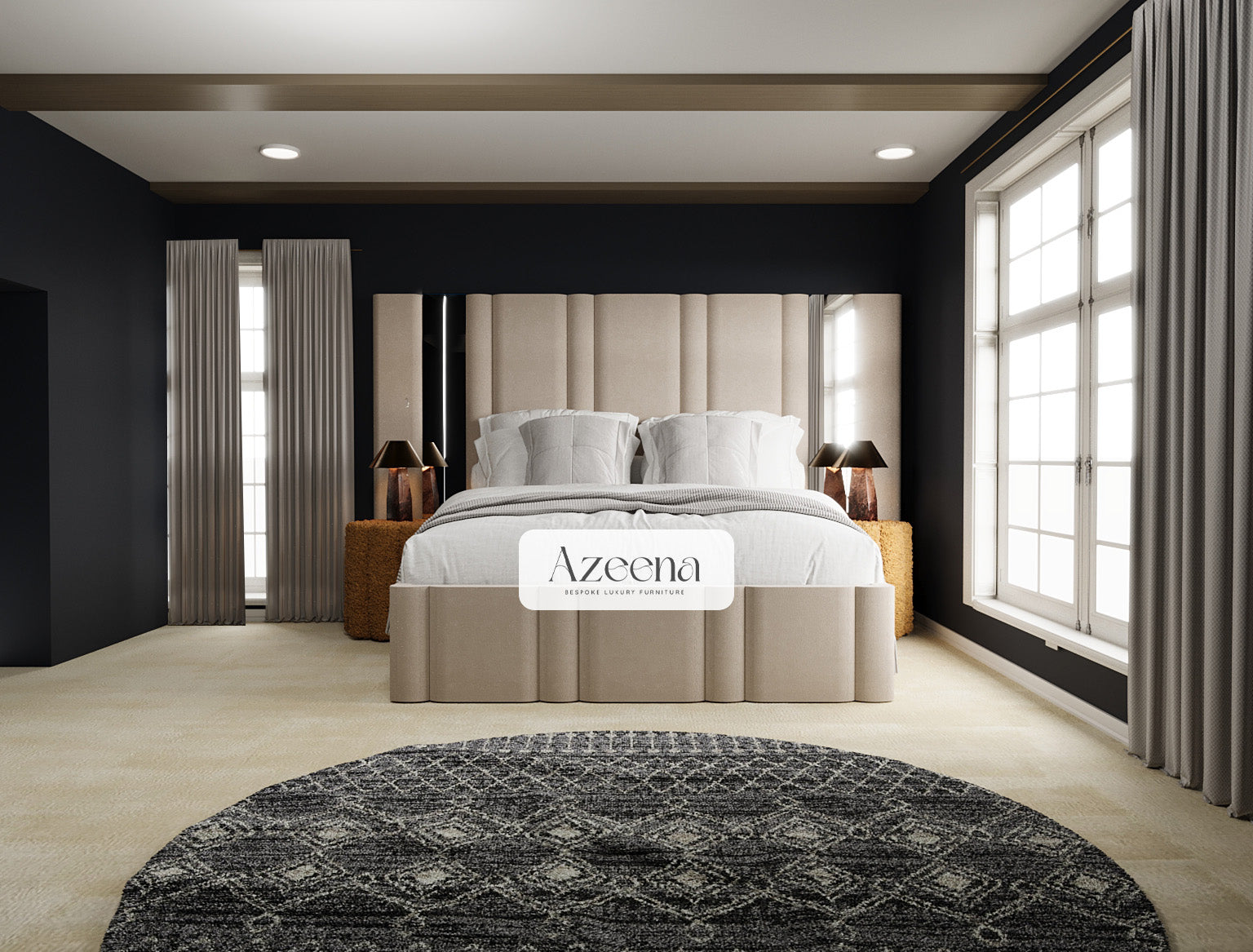 Lynn Extended Wide Headboard Stripe Line Mirror Bed With Optional Storage