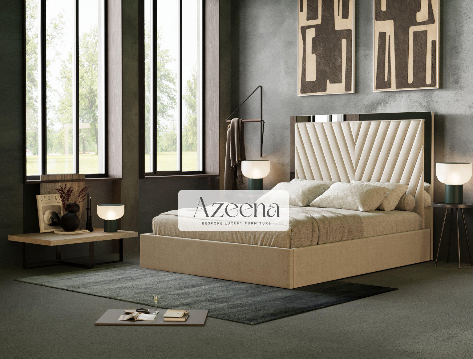 Jude Mirror Horizon Stripe Line Fabric Tall Upholstered Bed With Optional Storage