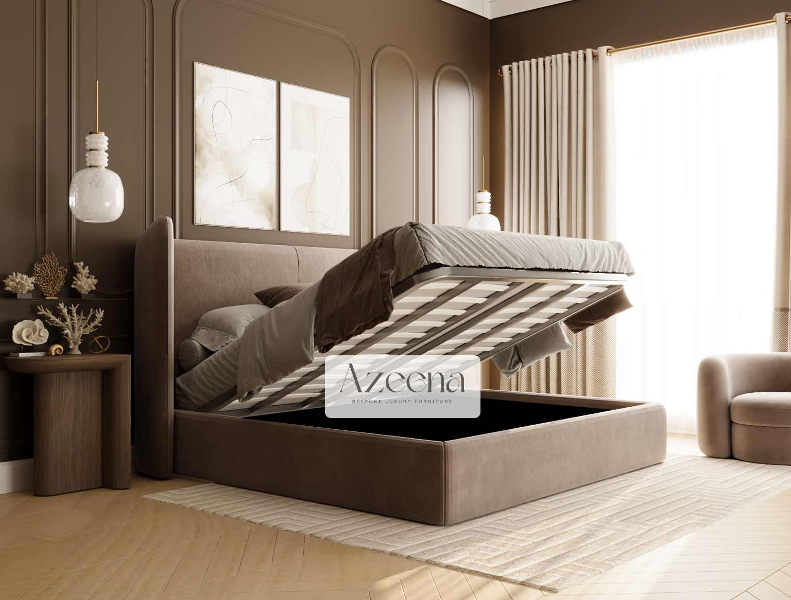 Ares Winged Stripe Line Linear Bed With Optional Ottoman Gas Lift Storage