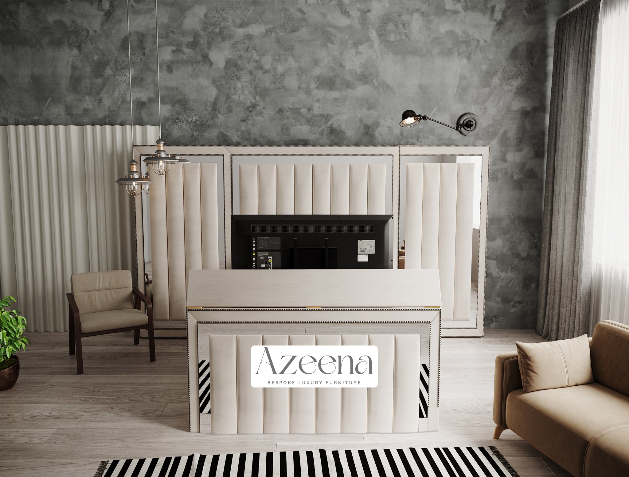 Keiran Extended Wide Headboard Stripes Lines Panel Mirror TV Bed With Optional Divan Ottoman Storage