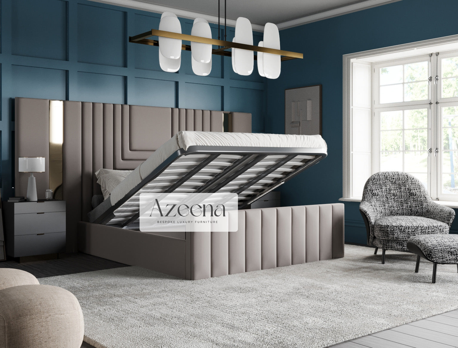 Saffron Extended Wide Headboard Stripes Lines Panel Chrome Gold Bed With Optional Storage