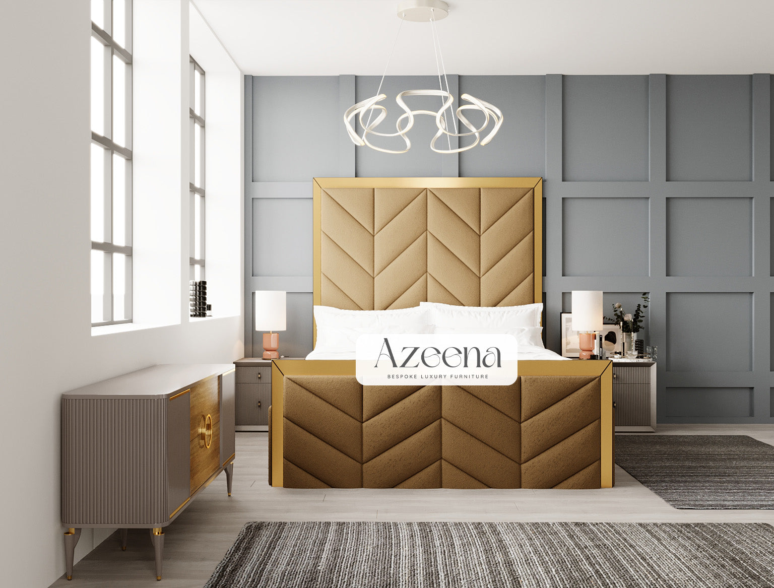 Lorna Gold Strip Border Cross Line Linear Bed