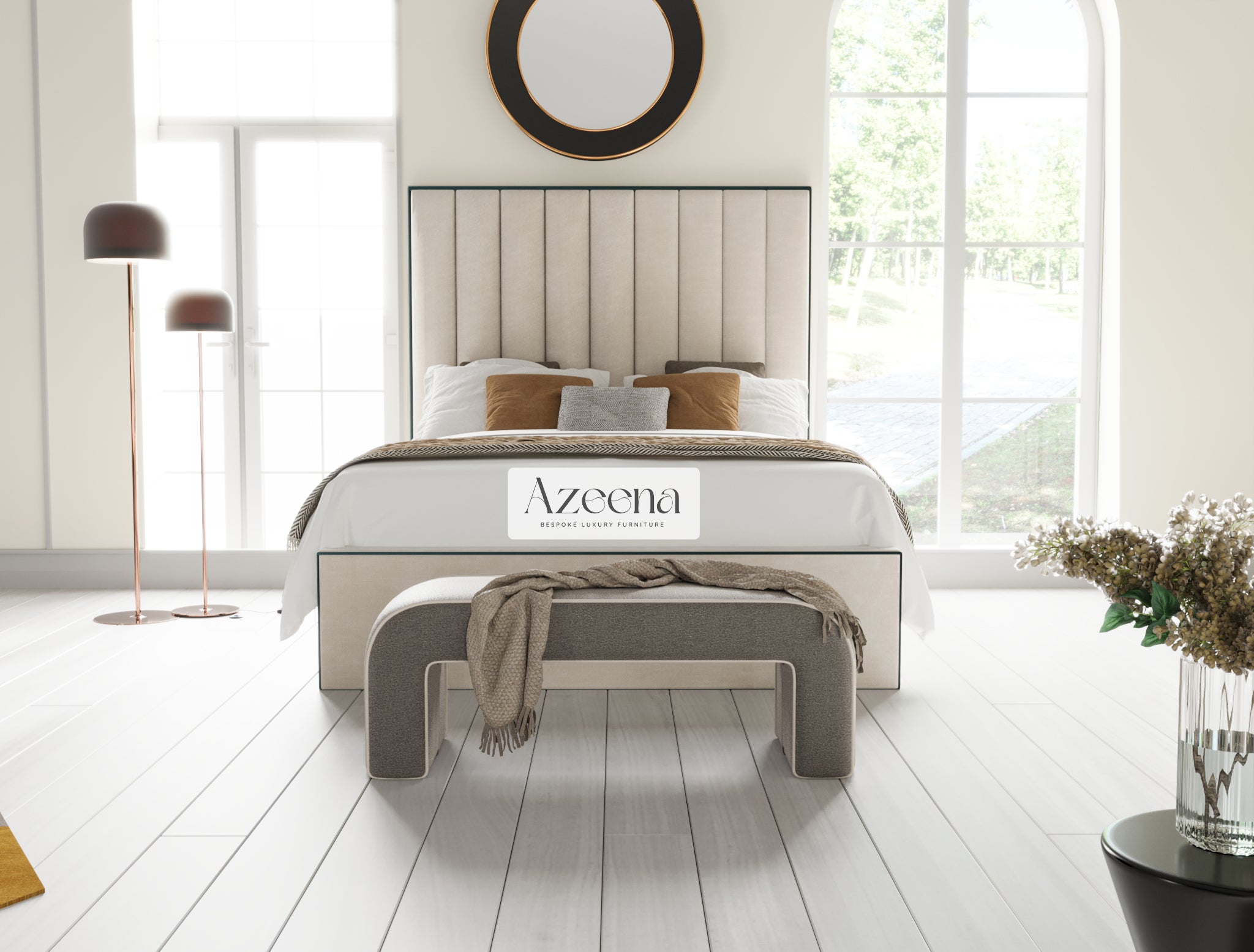 Jade Stripe Line Fabric Piping Tall Upholstered Bed With Optional Storage