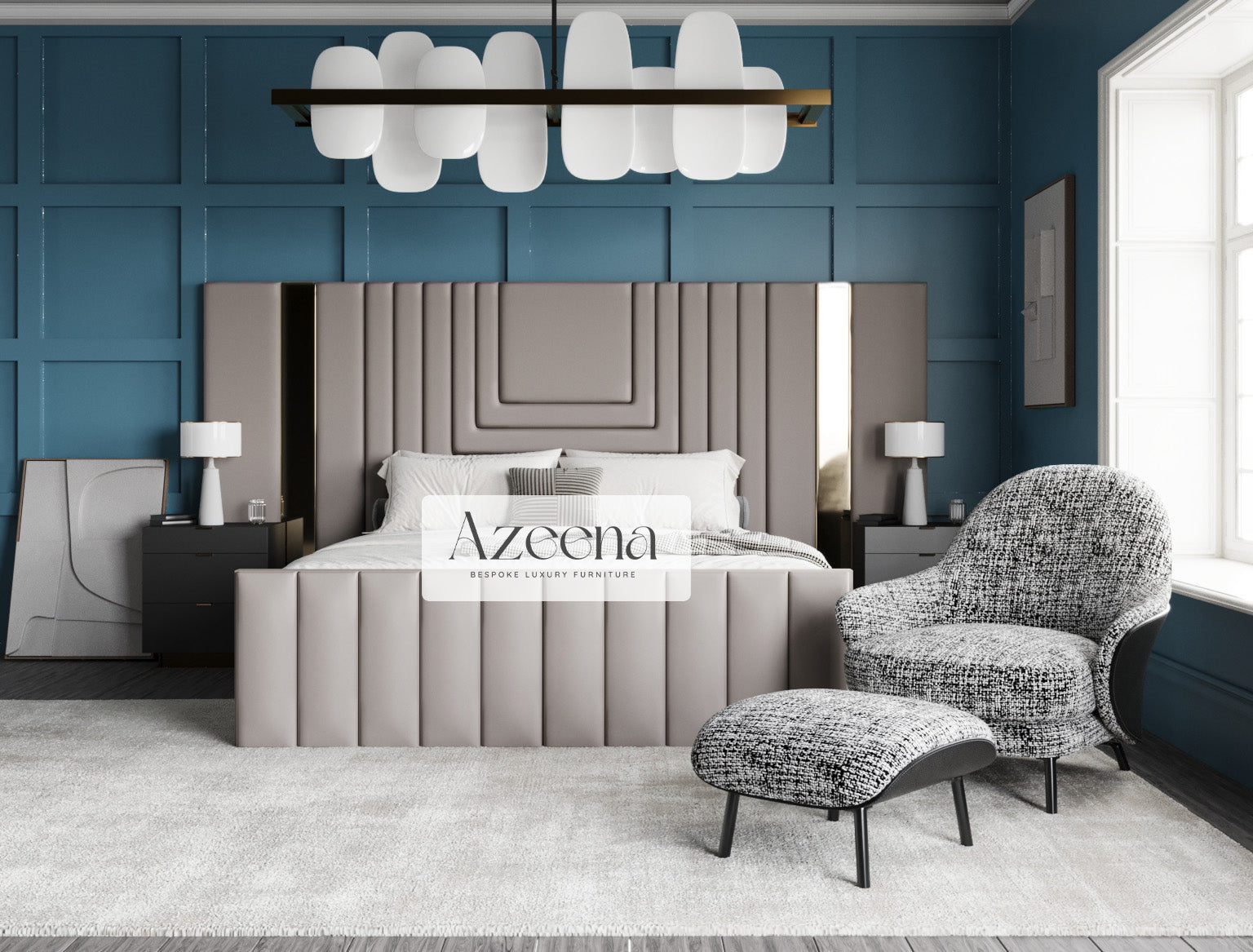 Saffron Extended Wide Headboard Stripes Lines Panel Chrome Gold Bed With Optional Storage