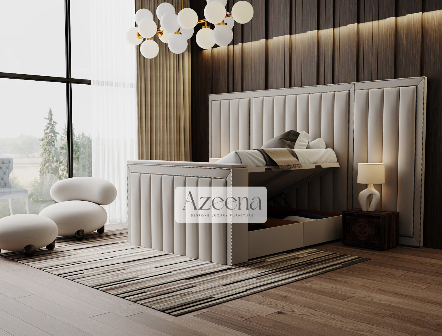 Windsor Extended Wide Headboard Stripes Lines Panel Mirror TV Bed With Optional Divan Ottoman Storage