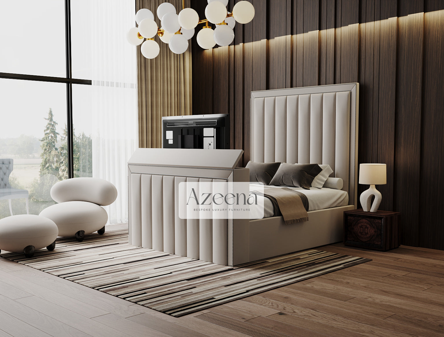 Windsor Extended Wide Headboard Stripes Lines Panel Mirror TV Bed With Optional Divan Ottoman Storage